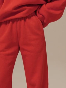 MUSERA ESSENTIALS Marl Grey Contrast Drawstring Elasticated Waistband Wide Leg Relaxed Fit Joggers Basics Loungewear Casual Everyday Essentials - Red - View 5
