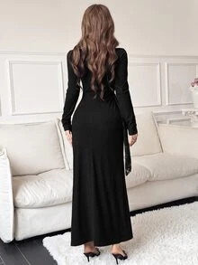 Feyla Women's Elegant Front Knot Ruched Fishbone Lace Dress - Black - View 2