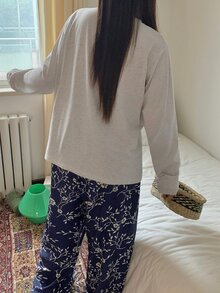 Dazy Plus Ditsy Floral Long Sleeve Loose Tank Top & Straight Leg Long Pajama Pants 2-Piece Sleepwear Set - White - View 6