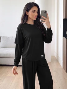 Solavon Women's Letter Print 2 In 1 Long Sleeve T-Shirt And Pants Sports Set - Black - View 3