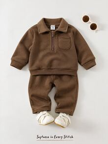 Bubblio 2pcs Baby Boy Cartoon Bear Pattern Knit Polo Winter Top & Elastic Pants Set, Autumn/Winter - Brown - View 3