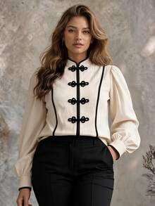 Ceyna Plus Contrast Binding Frog Button Front Blouse Fall Formal Office Brunch Party Black And White Elegant 1950s Vintage - Beige - View 5