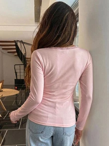 DAZY 女款保暖內裡修身純色T恤 Y2K休閒優雅日常居家半正式日穿奶油白秋冬款 - 粉色 - 查看 4