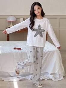 Dazy Kids 對比色圓領圖案印花休閒女童居家服T恤套裝 - 白色 - 查看 5