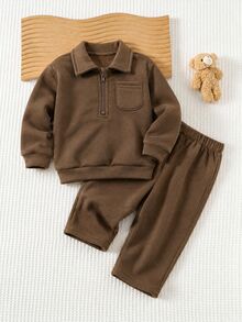 Bubblio 2pcs Baby Boy Cartoon Bear Pattern Knit Polo Winter Top & Elastic Pants Set, Autumn/Winter - Brown - View 4