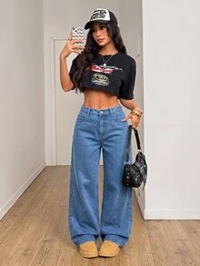 SHEIN PETITE 女款直筒寬鬆休閒百搭牛仔褲，附口袋 - 淺色水洗藍 - 查看 6