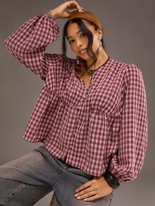 Freevana 大尺碼女款街頭風鈕扣格紋長袖上衣 秋季 - 紅色 - 查看 5