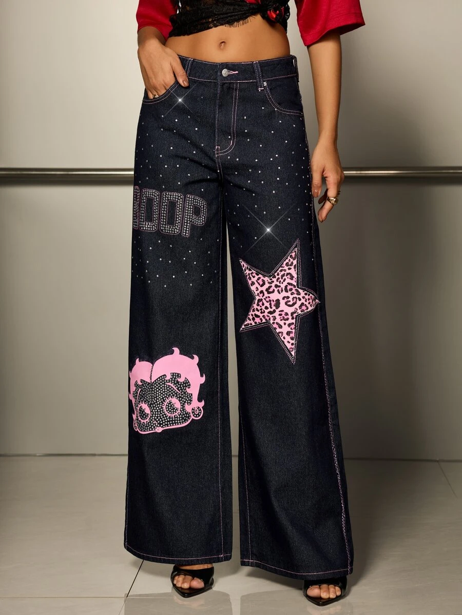 Betty Boop x SHEIN Women's Casual Daily Denim Jeans With Pocket, Button And Letter Cartoon Pattern - Navy Blue - View 1