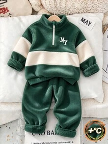 SHEIN Boys' Fall/ Flannel 2 Pieces Set, Half-Zip Stand Collar Colorblock NY Embroidered Sweatshirt And Cuffed Long Pants, Coffee Cream Layered Look, Toddler - Green - View 3