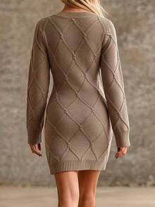 SHEIN Gaun Sweater Beige Kasual Elegan Wanita, Rajutan Kabel Lengan Panjang, Midi Rajut Bodycon, Musim Gugur Musim Dingin, Seksi, Vintage, Klasik, Chic, Kasual, untuk Kerja dan Kencan. - Mocha Brown - View 2