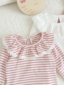 SHEIN 3件組女嬰幼兒女童長袖圓領上衣，可愛甜美粉白配色，蕾絲荷葉邊條紋羅紋設計，休閒派對秋季假期款 - 彩色 - 查看 3
