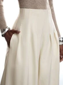 LYSMO Women's Pleated Pocket Loose Wide Leg Suit Pants - Beige - View 3