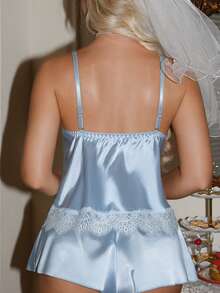 Crystal Vow Romantic Eyelash Lace Colorblock Satin Pajama Set 2pcs - Baby Blue - View 2