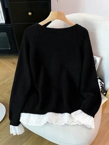 GlowEve CURVE Plus Size Women's Casual Dressy Traditional Lace Patchwork Ruffle Long Sleeve Button Round Neck Knit Cardigan Office Formal Formal Grey Autumn Winter - Black - View 2