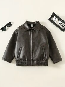 SHEIN Jaket Anak Laki-Laki/Remaja dengan Kerah PU Longgar dan Saku Tempel, Cocok untuk Hari Karier Musim Dingin dan Kembali ke Sekolah. - Coklat - View 3