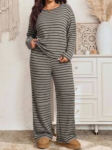 EMERY ROSE Plus Size Women's Striped Round Neck Long Sleeve Top And Pants Casual Daily 2 Pieces Set - Green - View 8