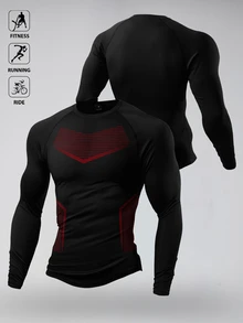 Gym Rark تي شيرت رياضي رجالي كاجوال مخطط بألوان متباينة، أكمام طويلة، قصة ضيقة، مناسب للجيم - الأسود - مشاهدة 1