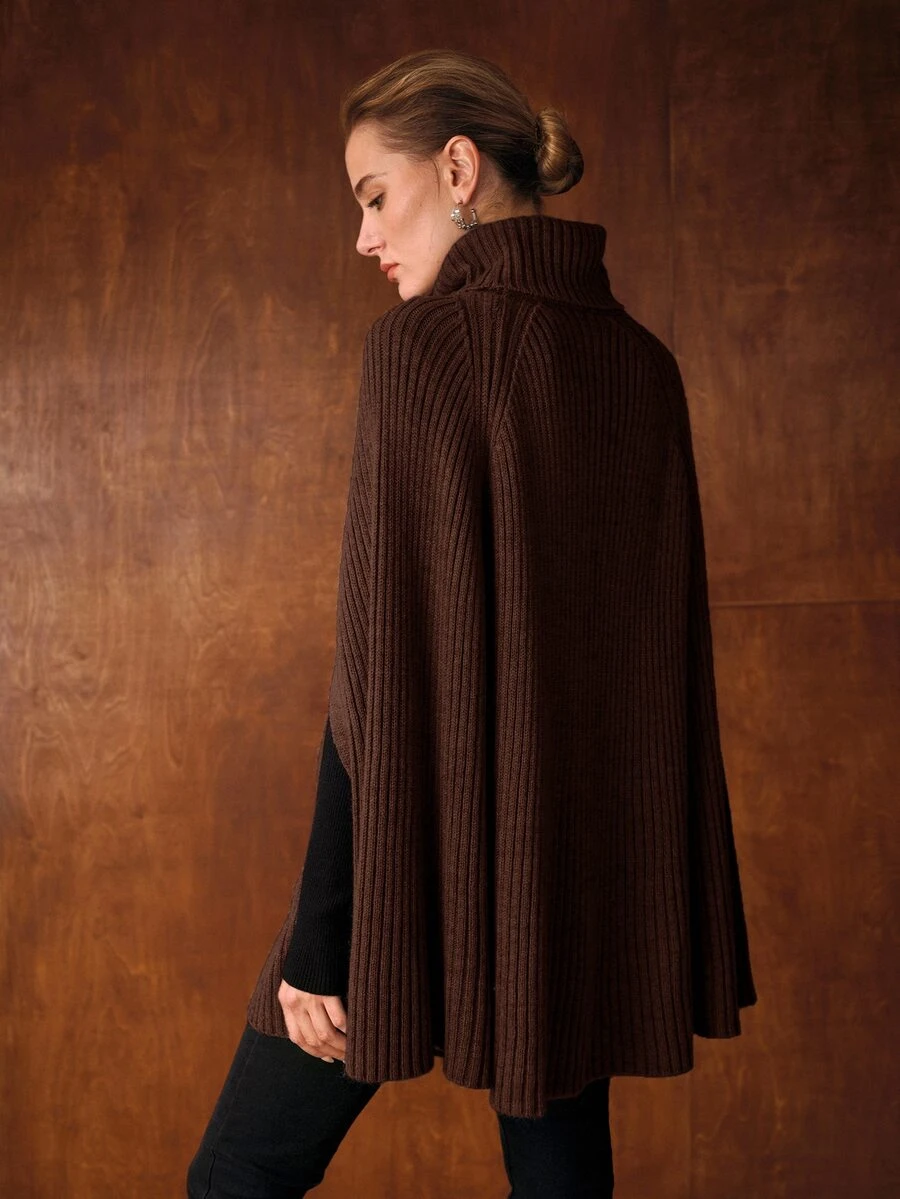 MOTF PREMIUM SOLID HIGH NECK RAGLAN BATWING SLEEVE PONCHO SWEATER - Coffee Brown - View 2