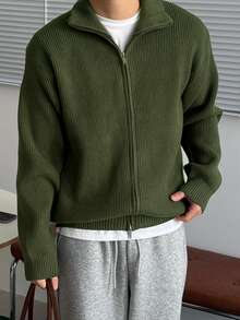 DAZY Autumn/Winter Military Green Zipper Stand Collar Open Front Men's Cardigan - Army Green - View 3