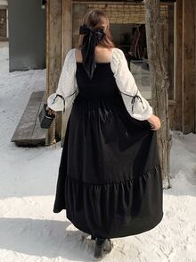 Bijouette Plus Size Polka Dot & Solid Color Patchwork Long Sleeve Dress, Loose A-Line Bowknot Waist + Multi-Layer Tiered Ruffle Hem, Flattering Belly & Hip Coverage, Slimming For Pear & Apple Body Shapes, All-Size Friendly, Non-Constricting, Japanese Gentle Style For Commute, Date, Travel & Sightseeing - Black - View 2