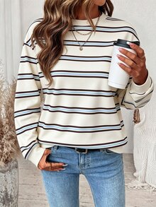 SHEIN LUNE Women's Striped Crew Neck Drop Shoulder Long Sleeve Casual Loose Sweatshirt - White - View 9