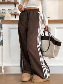 Easowa Celana Panjang Kasual Longgar Wanita Motif Garis-Garis dengan Blok Warna dan Saku - Coklat - View 3