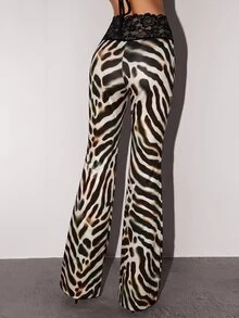 SHEIN ICON 超低腰蕾絲腰帶斑馬紋喇叭褲 - 棕色 - 查看 2