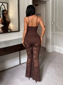 SHEIN SXY Women's Sexy Brown Lace Semi-Sheer Camisole Jumpsuit - Coffee Brown - View 2