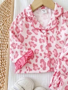 SHEIN 新生兒粉色豹紋單排扣上衣與長褲2件式居家服套裝 - 粉色 - 查看 5
