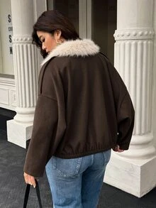 Easura Plus Size Women's Fur Collar Contrast Color Long Sleeve Zipper Casual Jacket, Autumn/Winter - Coffee Brown - View 2