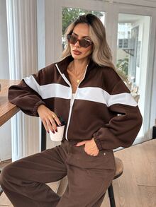 Easowa Women's Striped Colorblock Zip-Up Long Sleeve Sweatshirt - Brown - View 1