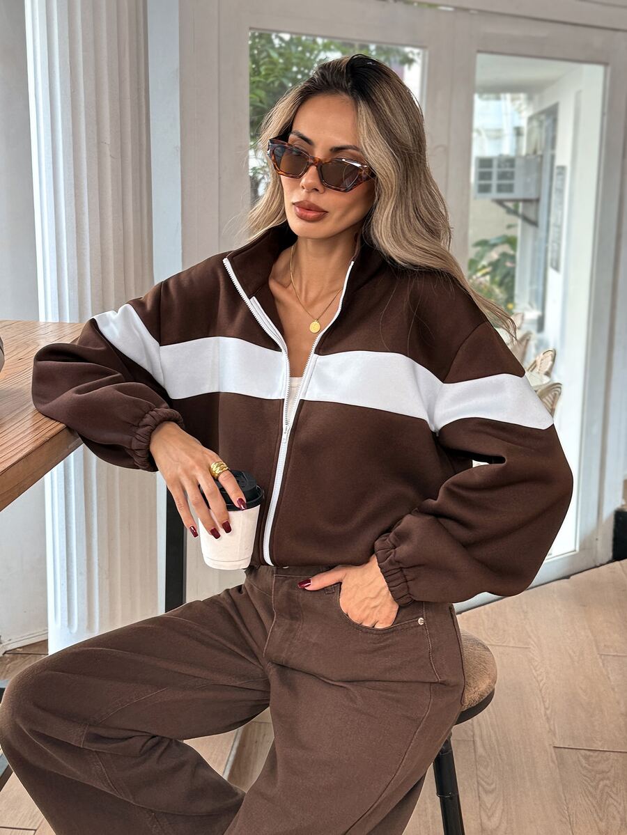Easowa Women's Striped Colorblock Zip-Up Long Sleeve Sweatshirt - Brown - View 1