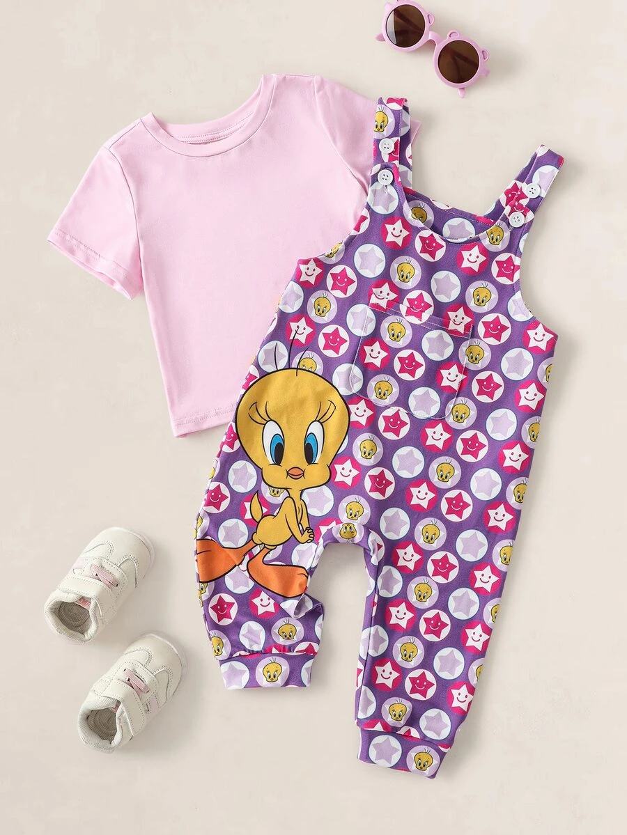 LOONEY TUNES X SHEIN Baby Girl Cartoon Print Jumpsuit - Pink - View 1
