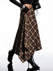 LYSMO Women's Street Style Plaid Pleated Asymmetrical Skirt - Brown - View 6