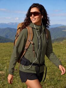 Exploreva Exploreva Jaket Hujan Luar Ruangan Wanita Lengan Panjang dengan Resleting Depan dan Tudung - Hijau Tentara - View 7
