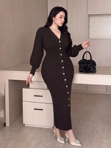 Feyla Women's Plus Size Solid Color Long Sleeve Single-Breasted Fitted Elegant Knit Dress - Coffee Brown - View 6