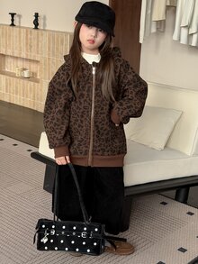 Dazy Kids Tween Girl) Leopard Print Loose Hooded Long Sleeve Autumn/Winter Basic Sweatshirt Jacket - Brown - View 7