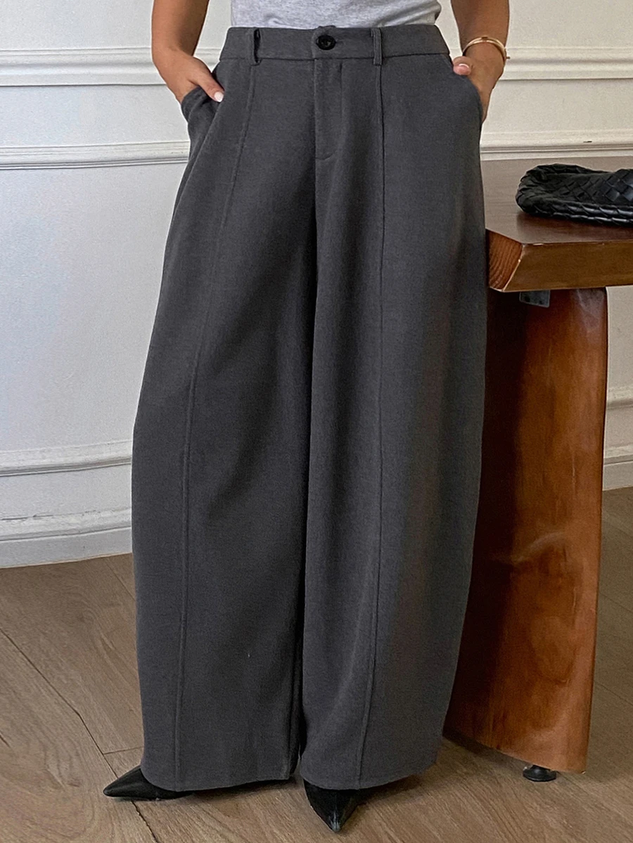 Dazy Plus Solid Color Loose Split Curved Leg Pants Casual Streetwear Korean Style Thickened Long Pants Autumn/Winter - Dark Grey - View 1
