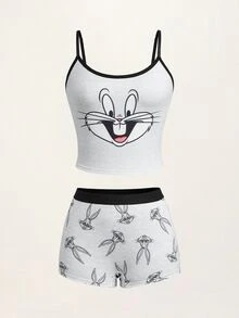 LOONEY TUNES X SHEIN Bộ nội y nữ gồm áo hai dây in họa tiết hoạt hình và quần lót hipster - Màu Xám nhạt - Xem 6