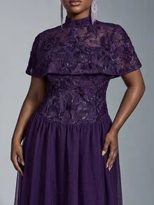 Elitara Plus Size Elegant Minimalist Deep Purple Lace Embroidered 2 Pieces Set Tube Top With Shawl Bodycon A-Line Long Dress For Wedding, Party, Formal Evening Event - Dark Purple - View 7