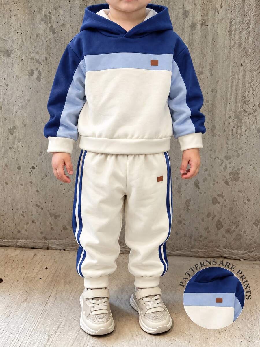 SHEIN Young Boy Patch Design Hoodie And Sweatpants Casual Set - Apricot - View 1