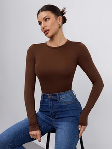 SHEIN Tall 女款三件組圓領休閒修身長袖T恤套裝 春秋冬 高個子返校穿搭 黑灰白 - 彩色 - 查看 8