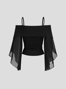 Sweetra Women's Solid Color Cold Shoulder Bell Sleeve Fashion Top - Black - View 2