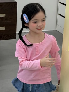 Dazy Kids 女童條紋拼接 2 合 1 休閒百搭日常長袖 T 恤 - 粉色 - 查看 6