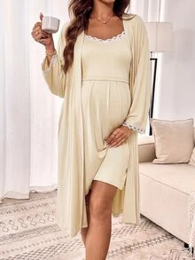 Slowluna 孕婦蕾絲飾邊細肩帶睡裙與晨袍 2 件組哺乳套裝 秋季 - 黃色 - 查看 7