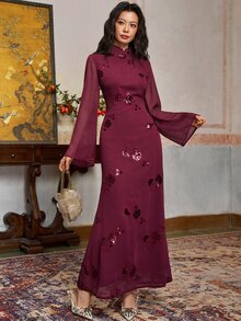 EastFlair Women's Floral Embroidered Pattern Casual Party Midi Dress - Dark Red - View 1