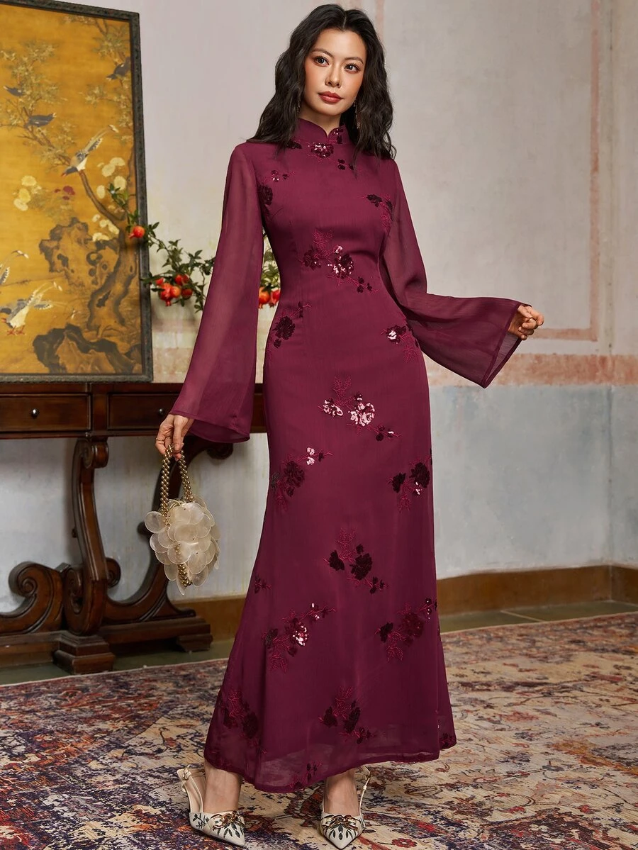 EastFlair Women's Floral Embroidered Pattern Casual Party Midi Dress - Dark Red - View 1