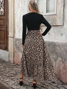 Brillora Women's Round Neck Long Sleeve Patchwork Leopard Print Ruffle Hem Elegant Dress, Winter Dress, Going Out,Black And Leopard Print Patchwork,Fall/Winter - Multicolor - View 3