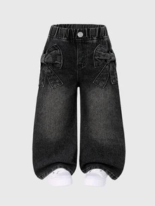 SHEIN Playful Pals 女童百搭休閒可愛蝴蝶結刺繡口袋寬鬆直筒水洗牛仔褲，適合日常穿著與上學，寶藍色夏季款 - 黑色 - 查看 7