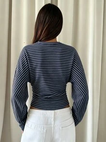 Aloruh 女款條紋休閒百搭日常長袖T恤 - 藏蓝色 - 查看 2